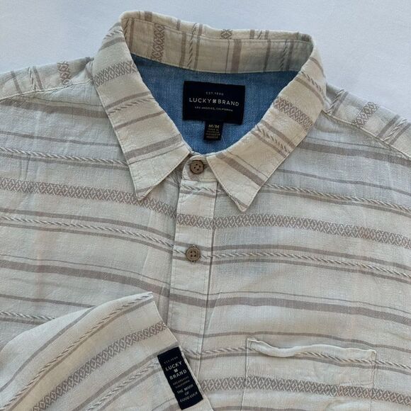Lucky Brand Men's Medium Short‎ Sleeve Button Up Shirt Linen Blend Beige Striped - Picture 1 of 5